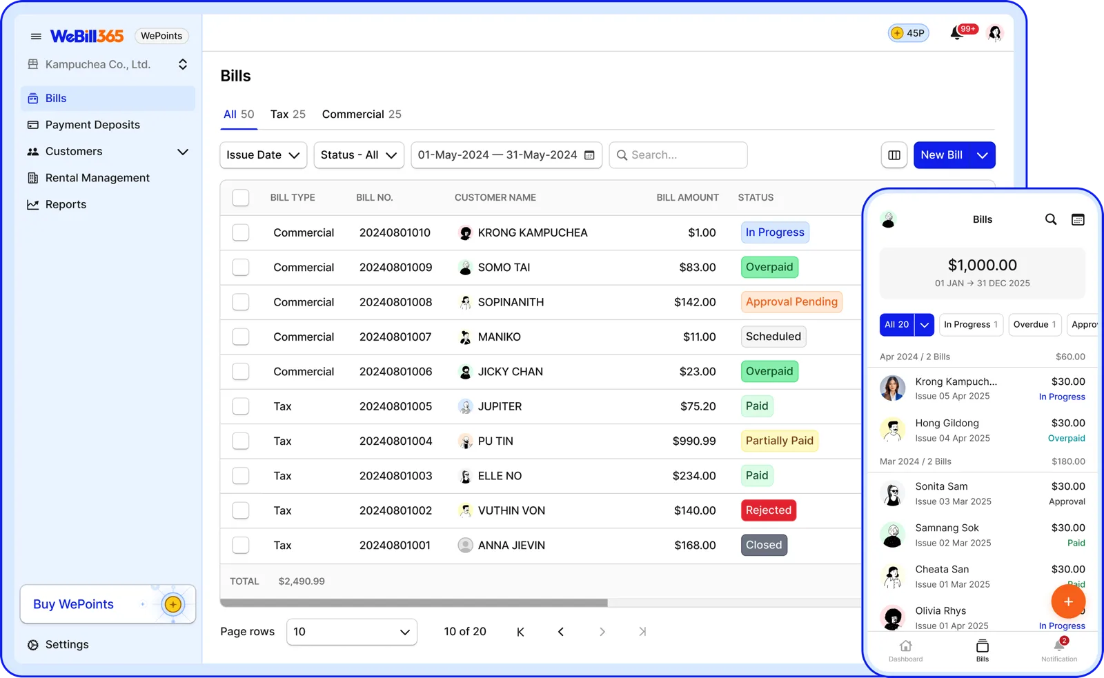 WeBill365 — desktop dashboard